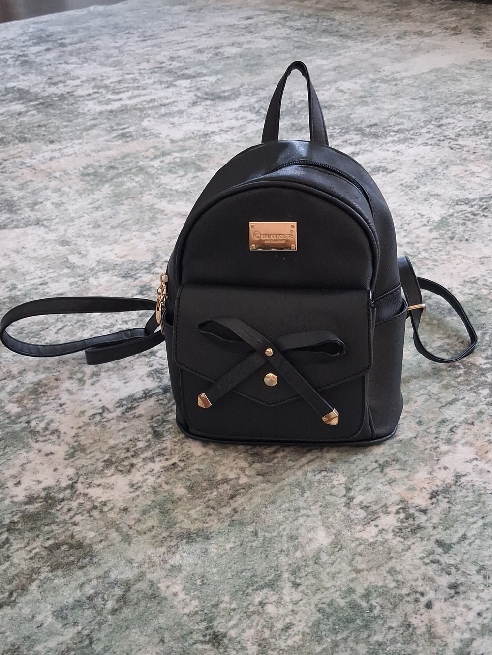 Black Mini Backpack Purse Decorative Zippers Side Pockets Adjustable Straps Back